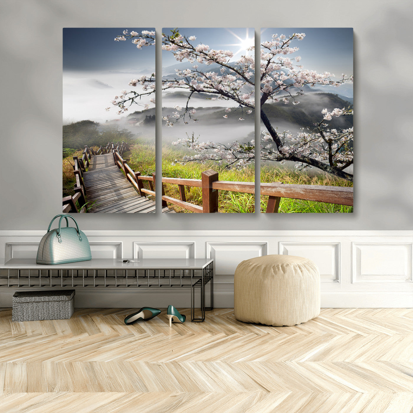 34632598CRY-MGV-CV-48X32-3P-Cherry Blossom Wall Art – Scenic Asian Landscape Canvas Print with Wooden Walkway, Misty Mountains and Sunrise, Serene Nature