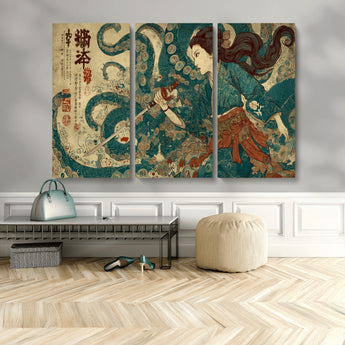 46837670-MGV-CV-36X24-Tsukioka Yoshitoshi Samurai Wall Art Print, Japanese Katana Warrior Canvas Wall Art, Octopus Sea Monster Canvas Print,