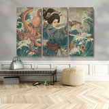 52037775-MGV-CV-36X24-Tsukioka Yoshitoshi Samurai Wall Art Print, Japanese Katana Warrior Canvas Wall Art, Octopus Sea Monster Canvas Print,