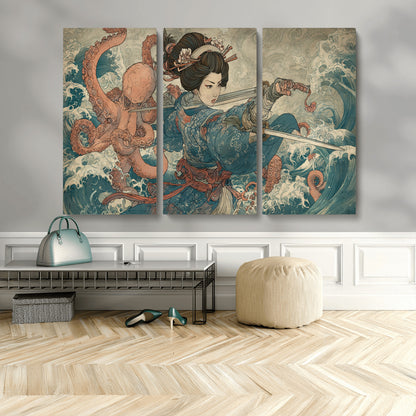 52037775-MGV-CV-48X32-3P-Samurai Woman Wall Art – Japanese Ukiyo e Style Canvas Print with Katana, Ocean Waves and Octopus, Traditional Asian Inspired