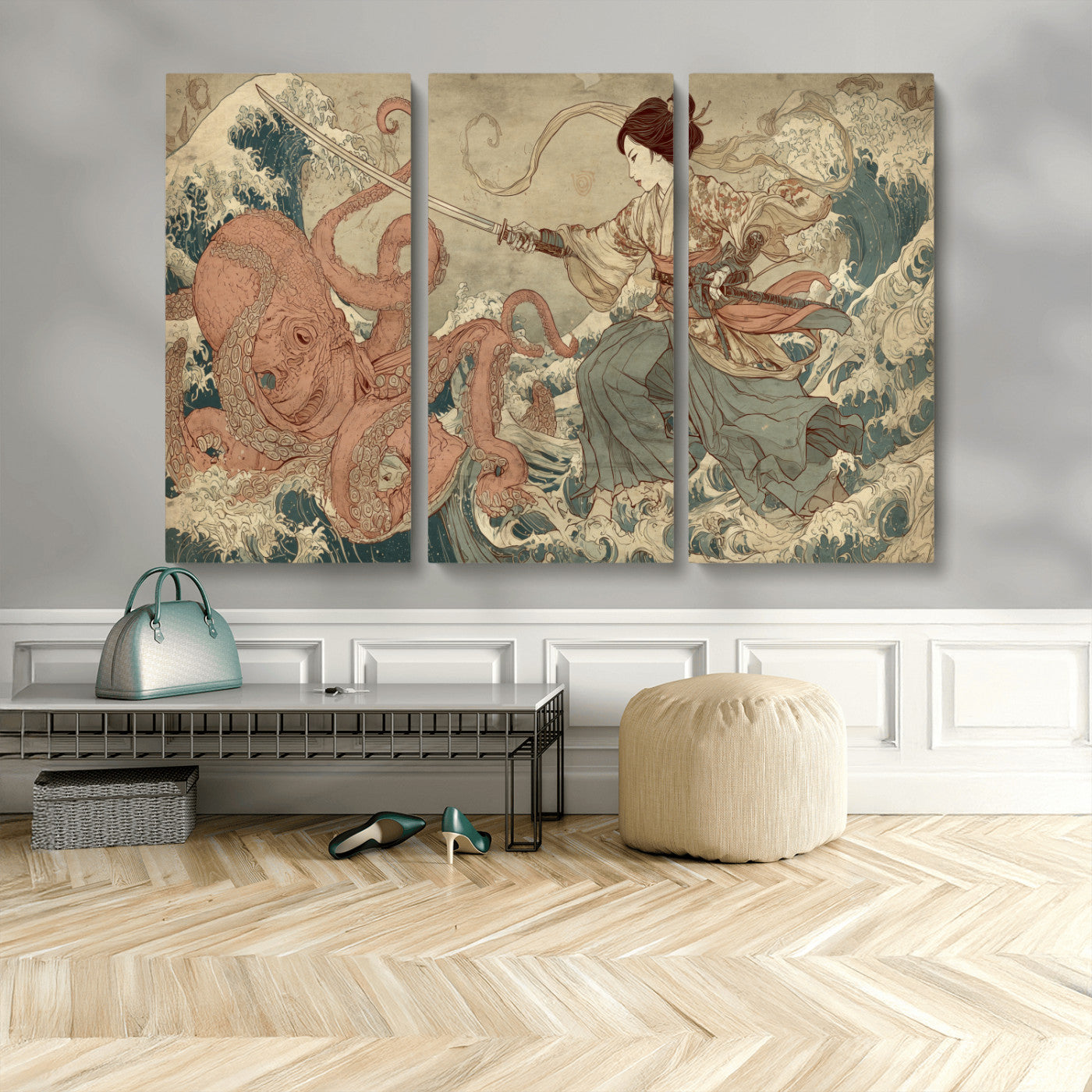 54879547-MGV-CV-36X24-Tsukioka Yoshitoshi Samurai Wall Art Print, Japanese Katana Warrior Canvas Wall Art, Octopus Sea Monster Canvas Print,