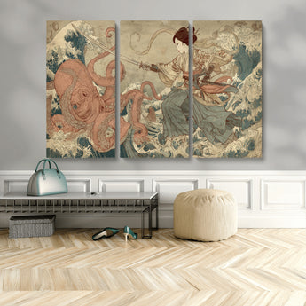 54879547-MGV-CV-48X32-3P-Samurai Woman Wall Art – Japanese Ukiyo-e Style Canvas Print with Katana and Octopus, Traditional Asian Inspired Battle Artwork