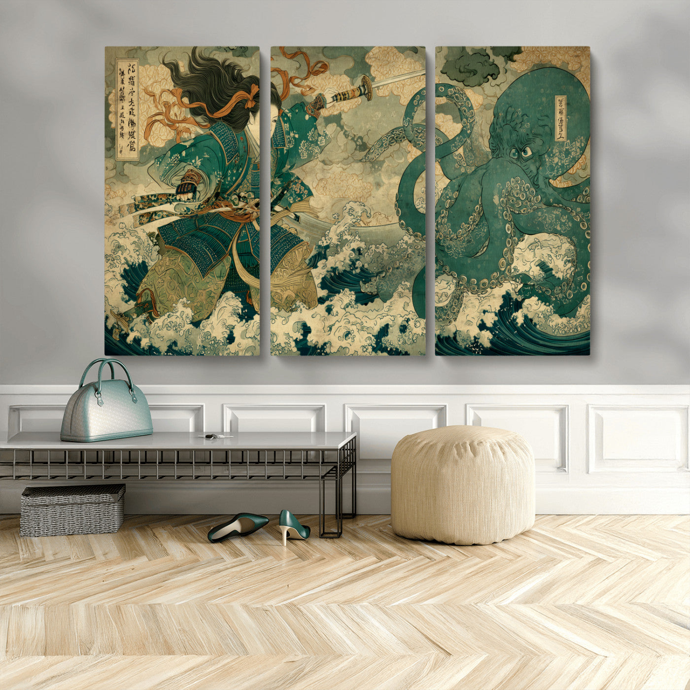 24416422-MGV-CV-36X24-Samurai vs Octopus Wall Art – Japanese Warrior Ocean Battle Canvas Print, Ukiyo e Inspired Decor for Home, Office, or Man Cave