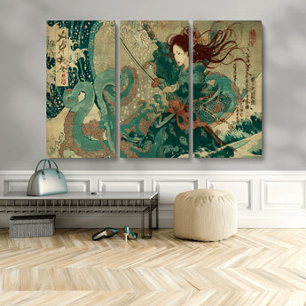 86918027-MGV-CV-36X24-Tsukioka Yoshitoshi Samurai Wall Art Print, Japanese Katana Warrior Canvas Wall Art, Octopus Sea Monster Canvas Print,