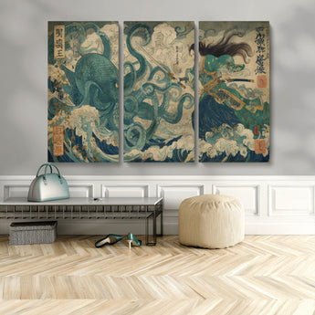 60346622-MGV-CV-36X24-Tsukioka Yoshitoshi Samurai Wall Art Print, Japanese Katana Warrior Canvas Wall Art, Octopus Sea Monster Canvas Print,