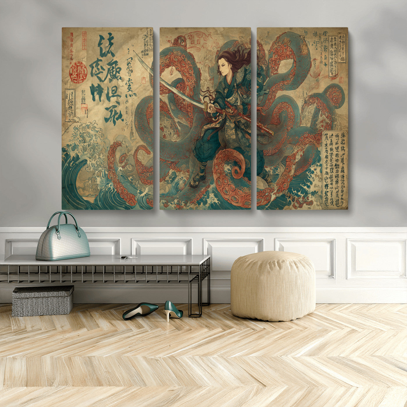 98593115-MGV-CV-36X24-Tsukioka Yoshitoshi Samurai Wall Art Print, Japanese Katana Warrior Canvas Wall Art, Octopus Sea Monster Canvas Print,