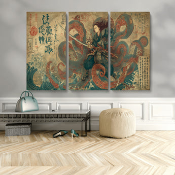 98593115-MGV-CV-36X24-Tsukioka Yoshitoshi Samurai Wall Art Print, Japanese Katana Warrior Canvas Wall Art, Octopus Sea Monster Canvas Print,