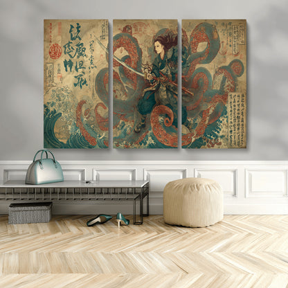98593115-MGV-CV-48X32-3P-Samurai Warrior vs Octopus Wall Art – Japanese Ukiyo-e Calligraphy Canvas Print, Ocean Battle Scene Artwork for Living Room,