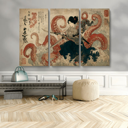 50812504-MGV-CV-36X24-Tsukioka Yoshitoshi Samurai Wall Art Print, Japanese Katana Warrior Canvas Wall Art, Octopus Sea Monster Canvas Print,