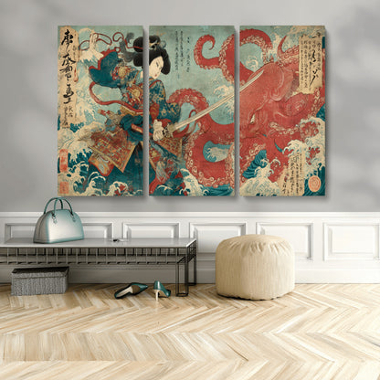 68844327-MGV-CV-36X24-Tsukioka Yoshitoshi Samurai Wall Art Print, Japanese Katana Warrior Canvas Wall Art, Octopus Sea Monster Canvas Print,