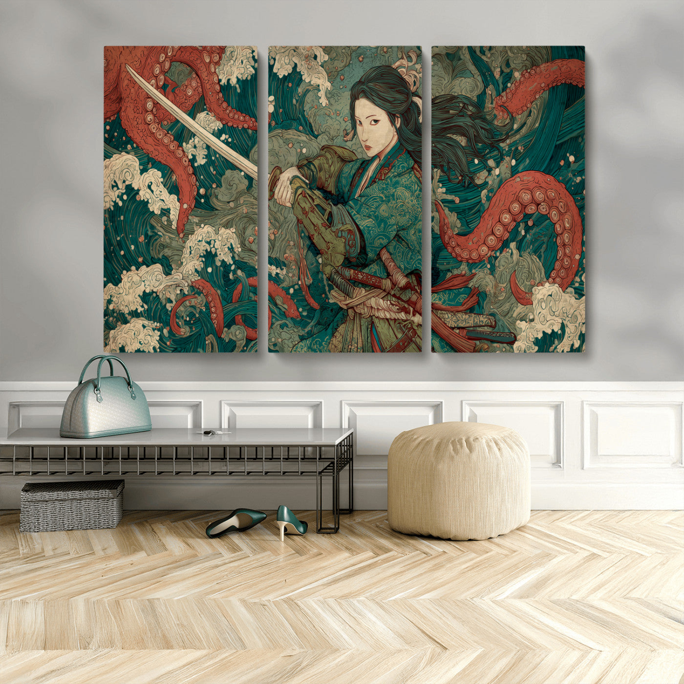 35461724-MGV-CV-48X32-3P-Samurai Woman vs Octopus Wall Art – Japanese Ukiyo-e Ocean Waves Canvas Print, Red Tentacle Battle Artwork for Living Room,