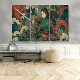 35461724-MGV-CV-48X32-3P-Samurai Woman vs Octopus Wall Art – Japanese Ukiyo-e Ocean Waves Canvas Print, Red Tentacle Battle Artwork for Living Room,