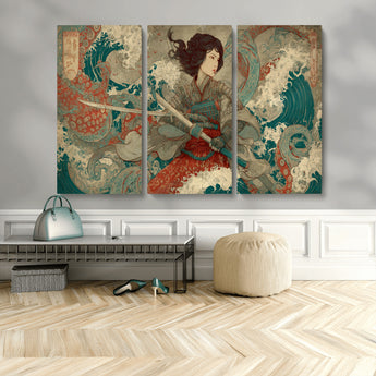 63377977-MGV-CV-36X24-Tsukioka Yoshitoshi Samurai Wall Art Print, Japanese Katana Warrior Canvas Wall Art, Octopus Sea Monster Canvas Print,