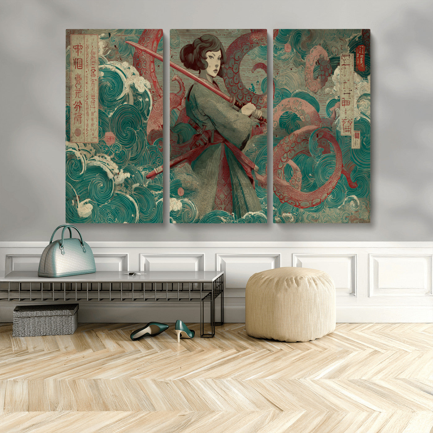 91666601-MGV-CV-36X24-Samurai Woman vs Octopus Wall Art – Japanese Ukiyo-e Green Robe Canvas Print, Ocean Battle Artwork for Living Room, Office, Man