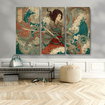 37797255-MGV-CV-48X32-3P-Samurai Woman vs Octopus Wall Art – Japanese Ukiyo-e Red Armor Ocean Battle Canvas Print, Warrior Artwork for Living Room, Office,
