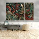 18902796-MGV-CV-48X32-3P-Samurai Woman vs Octopus Wall Art – Japanese Ukiyo-e Green Kimono Canvas Print, Ocean Battle Scene Artwork for Living Room,