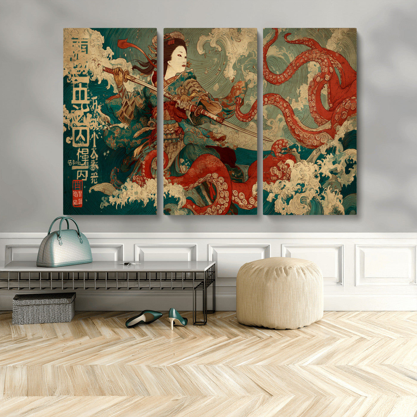 60201267-MGV-CV-36X24-Samurai Woman vs Octopus Wall Art – Japanese Ukiyo-e Armor Canvas Print, Red Tentacle Ocean Battle Artwork for Living Room,
