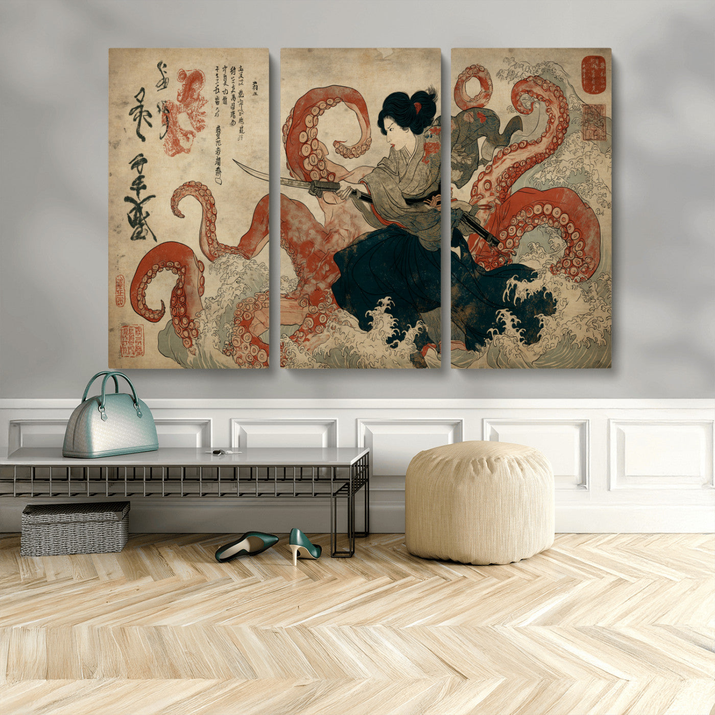 82737246-MGV-CV-48X32-3P-Samurai Woman vs Octopus Wall Art – Japanese Ukiyo-e Dual Sword Canvas Print, Red Tentacle Ocean Battle Artwork for Living Room,