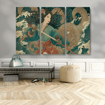 79740258-MGV-CV-36X24-Tsukioka Yoshitoshi Samurai Wall Art Print, Japanese Katana Warrior Canvas Wall Art, Octopus Sea Monster Canvas Print,