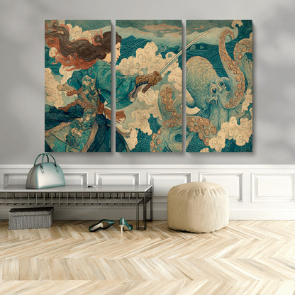 99764195-MGV-CV-36X24-Samurai vs Octopus Wall Art – Japanese Ukiyo-e Style Warrior and Sea Monster Canvas Print, Mythology Inspired Artwork for Living
