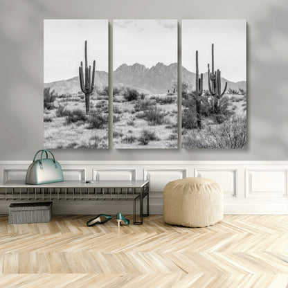 97436PHN-MGV-CV-36X24-Desert Landscape Wall Art – Black and White Cactus and Mountain Canvas Print, Southwestern Nature Photography for Living Room,