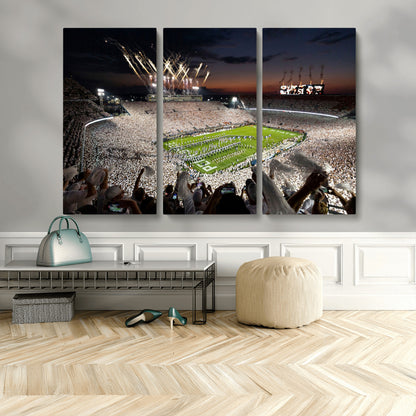 Penn-MGV-CV-48X32-3P-Football Stadium Wall Art – Panoramic Night Game Canvas Print, Packed Crowd with Fireworks, Sports Decor for Office, Man Cave, Bar