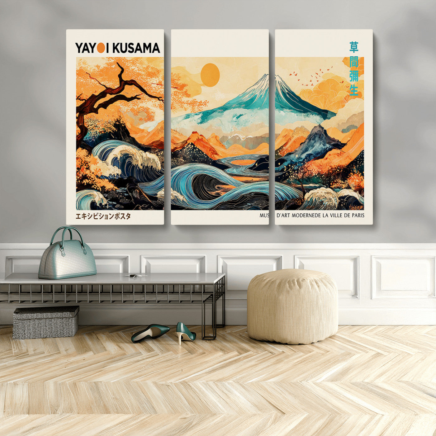94085549-MGV-CV-36X24-Yayoi Kusama Inspired Japanese Landscape Art Print – Vibrant Mount Fuji, Waves & Autumn Trees, Modern Decorative Poster for