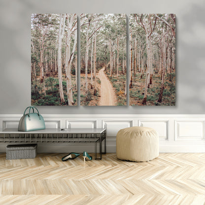 24760563-MGV-CV-48X32-3P-Forest Wall Art – Tranquil Woodland Path Canvas Print, Scenic Nature Photography Decor for Bedroom, Living Room, Office, Cabin or