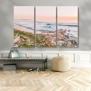 27332135-MGV-CV-48X32-3P-Coastal Sunset Wall Art – Ocean Waves and Rocky Shore Canvas Print, Scenic Seaside Photography Decor for Bedroom, Living Room,