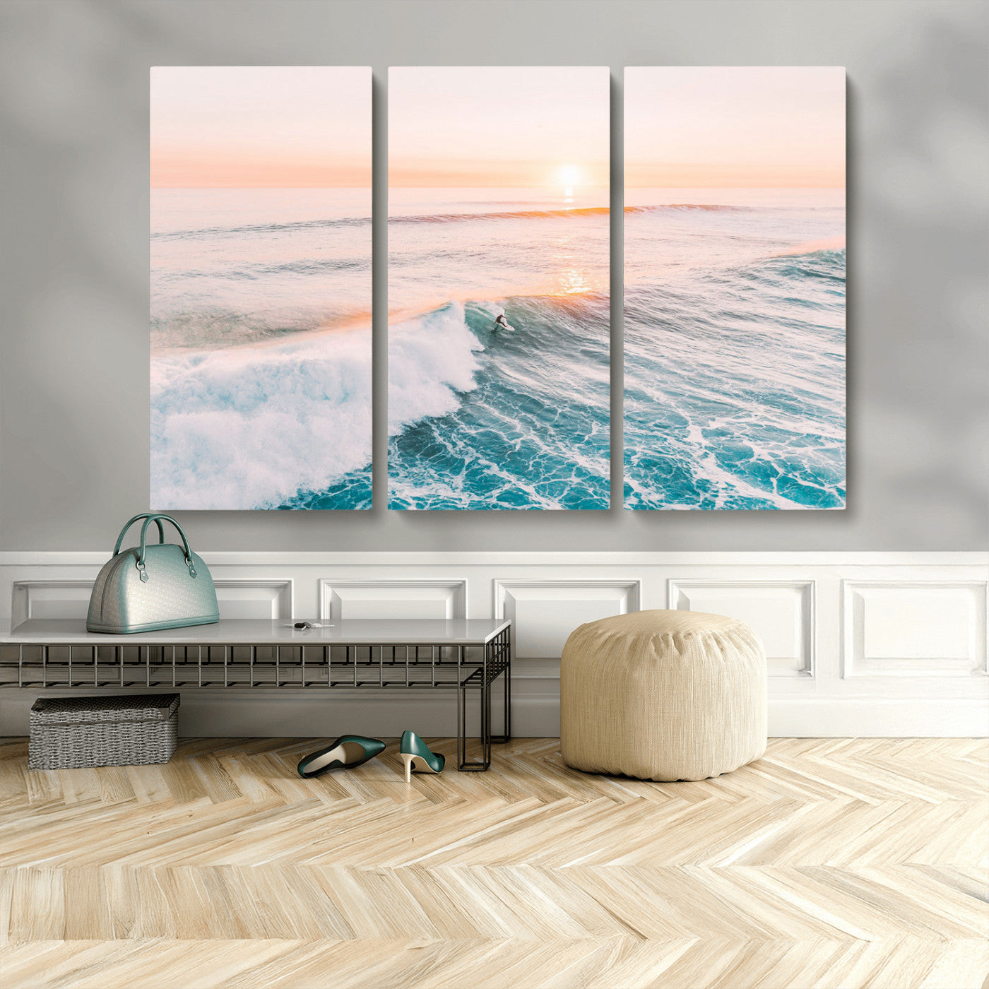 34064591-MGV-CV-36X24-Surfing Wall Art – Sunset Ocean Wave Canvas Print, Surfer Riding Sea Photography Decor for Bedroom, Living Room, Office, Coastal