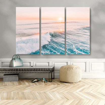 34064591-MGV-CV-36X24-Surfing Wall Art – Sunset Ocean Wave Canvas Print, Surfer Riding Sea Photography Decor for Bedroom, Living Room, Office, Coastal