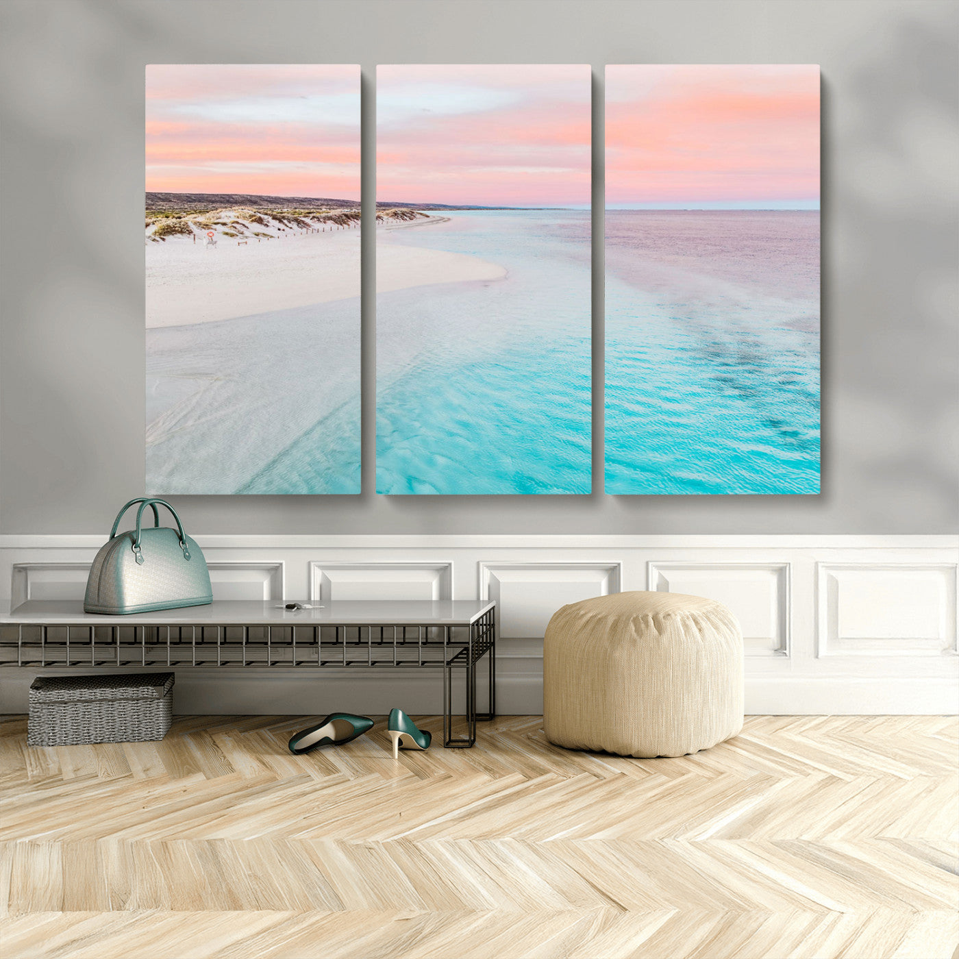 41613614-MGV-CV-48X32-3P-Beach Sunset Wall Art – Pastel Ocean Canvas Print, Turquoise Water and Pink Sky Photography Decor for Bedroom, Living Room, Office