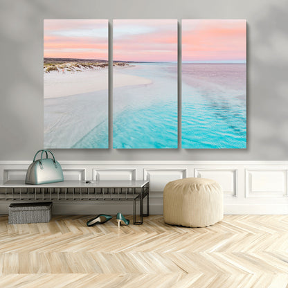 41613614-MGV-CV-48X32-3P-Beach Sunset Wall Art – Pastel Ocean Canvas Print, Turquoise Water and Pink Sky Photography Decor for Bedroom, Living Room, Office