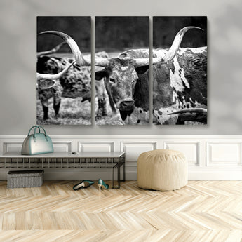 15425553-MGV-CV-48X32-3P-Western Wall Art – Longhorn Cattle Black and White Canvas Print, Rustic Ranch Photography Decor for Bedroom, Living Room, Office,