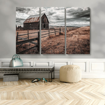 70676381-MGV-CV-48X32-3P-Rustic Barn Wall Art – Weathered Farmhouse Canvas Print, Country Landscape Photography Decor for Bedroom, Living Room, Office,