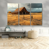 16480179-MGV-CV-48X32-3P-Farmhouse Wall Art – Rustic Barn and Golden Field Canvas Print, Country Landscape Photography Decor for Bedroom, Living Room,