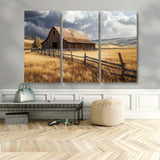 23718739-MGV-CV-48X32-3P-Farmhouse Wall Art – Rustic Barn and Golden Wheat Field Canvas Print, Country Landscape Photography Decor for Bedroom, Living