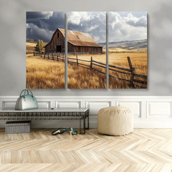 23718739-MGV-CV-48X32-3P-Farmhouse Wall Art – Rustic Barn and Golden Wheat Field Canvas Print, Country Landscape Photography Decor for Bedroom, Living