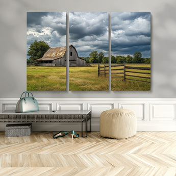 39409517-MGV-CV-36X24-Rustic Barn Wall Art – Weathered Farmhouse and Storm Clouds Canvas Print, Country Landscape Photography Decor for Bedroom, Living
