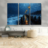 48300530-MGV-CV-48X32-3P-Night Pier Wall Art – Moody Ocean Boardwalk Canvas Print, Impressionist Coastal Seascape Painting Decor for Living Room, Office,