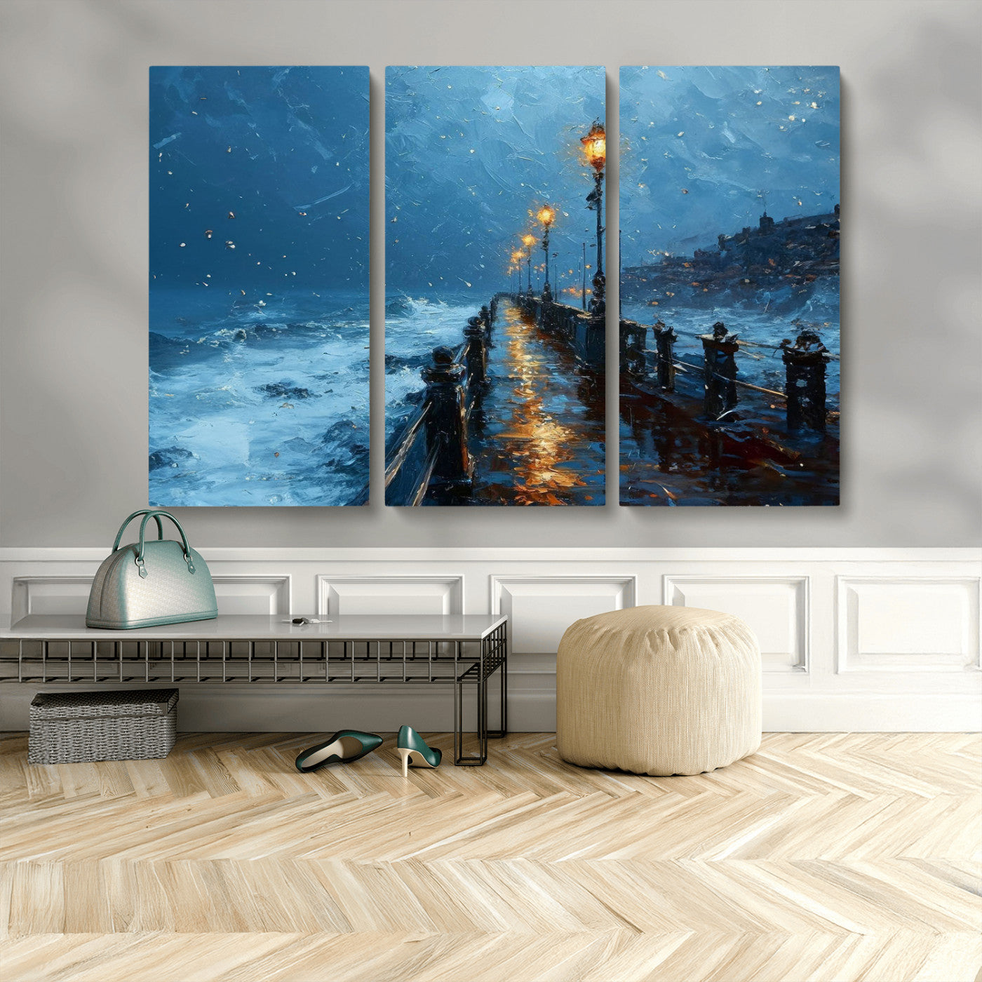 93793246-MGV-CV-48X32-3P-Stormy Night Pier Canvas Wall Art – Moody Ocean Landscape with Lights, Blue Coastal Seascape Print for Bedroom, Living Room,
