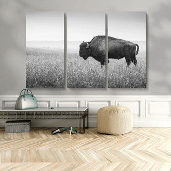 90861202-MGV-CV-48X32-3P-Black and White Bison Canvas Wall Art – Rustic American Buffalo Print, Western Wildlife Photography for Farmhouse, Cabin, Office
