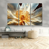 20862576-MGV-CV-48X32-3P-Golden Abstract Flower Canvas Wall Art – Modern Botanical Bloom Print, Elegant Floral Artwork for Living Room, Bedroom, Office