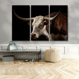 27414857-MGV-CV-36X24-Texas Longhorn Bull Canvas Wall Art – Rustic Western Farmhouse Decor, Brown & White Cow Portrait, Animal Print for Ranch Home