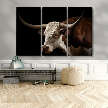 27414857-MGV-CV-48X32-3P-Longhorn Bull Wall Art – Dramatic Western Steer Portrait Canvas Print, Rustic Farmhouse Animal Decor for Living Room, Office, or