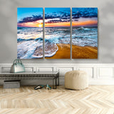 24077769-MGV-CV-48X32-3P-Sunset Beach Wall Art – Ocean Waves Canvas Print, Golden Shoreline Photography Coastal Decor for Living Room, Bedroom, Office,