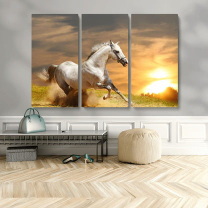 67478480-MGV-CV-36X24-White Horse Running at Sunset Wall Art – Majestic Equestrian Photography Print, Rustic Farmhouse Decor, Golden Sky Horse Lover