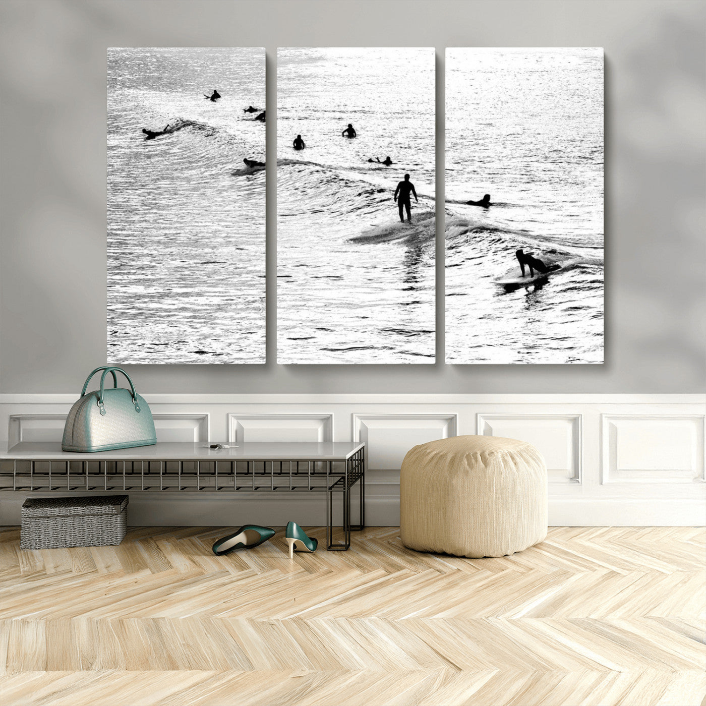 68018616-MGV-CV-48X32-3P-Black and White Surf Photography Print – Minimalist Ocean Wall Art, Surfers Riding Waves, Coastal Beach Decor for Modern Home or