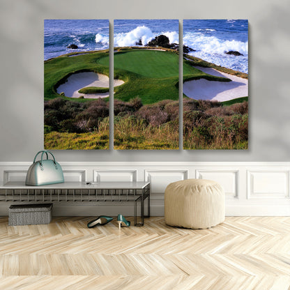 22776914-MGV-CV-48X32-3P-Golf Course Wall Art – Oceanfront Green Canvas Print, Coastal Pebble Beach Photography Sports Decor for Living Room, Office, Man