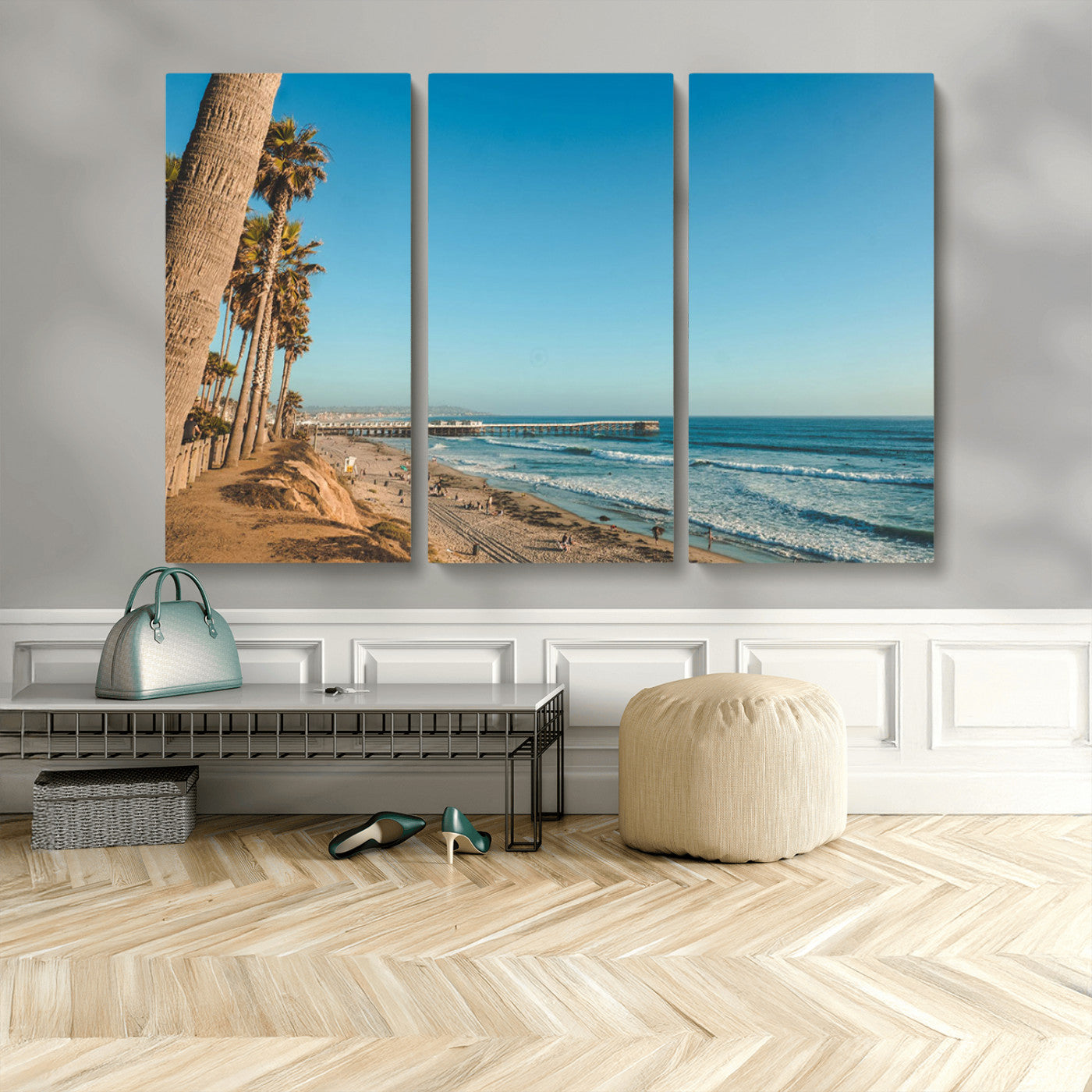 92568259-MGV-CV-48X32-3P-California Beach Wall Art – Palm Tree Pier Canvas Print, Coastal Ocean Photography Seaside Decor for Living Room, Bedroom, Office,